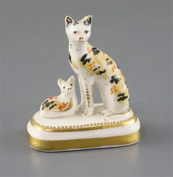 A rare Staffordshire porcelain group of a cat and kitten, possibly Lloyd Shelton, c.1835-50, H. 7.5cm